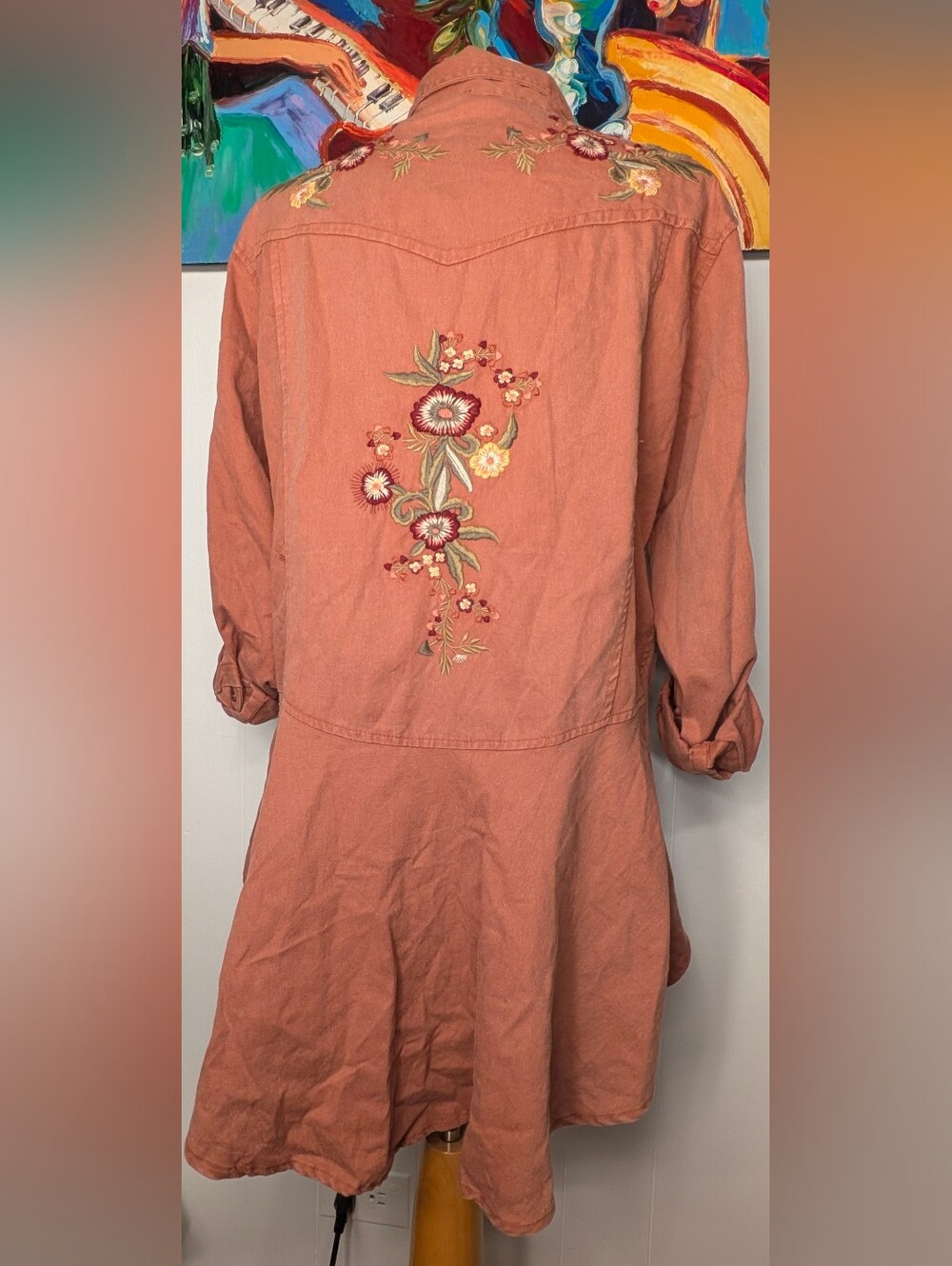 Nostalgia Women Denim Button Up High Low Shirt Long Sleeves Floral Embroidery XL